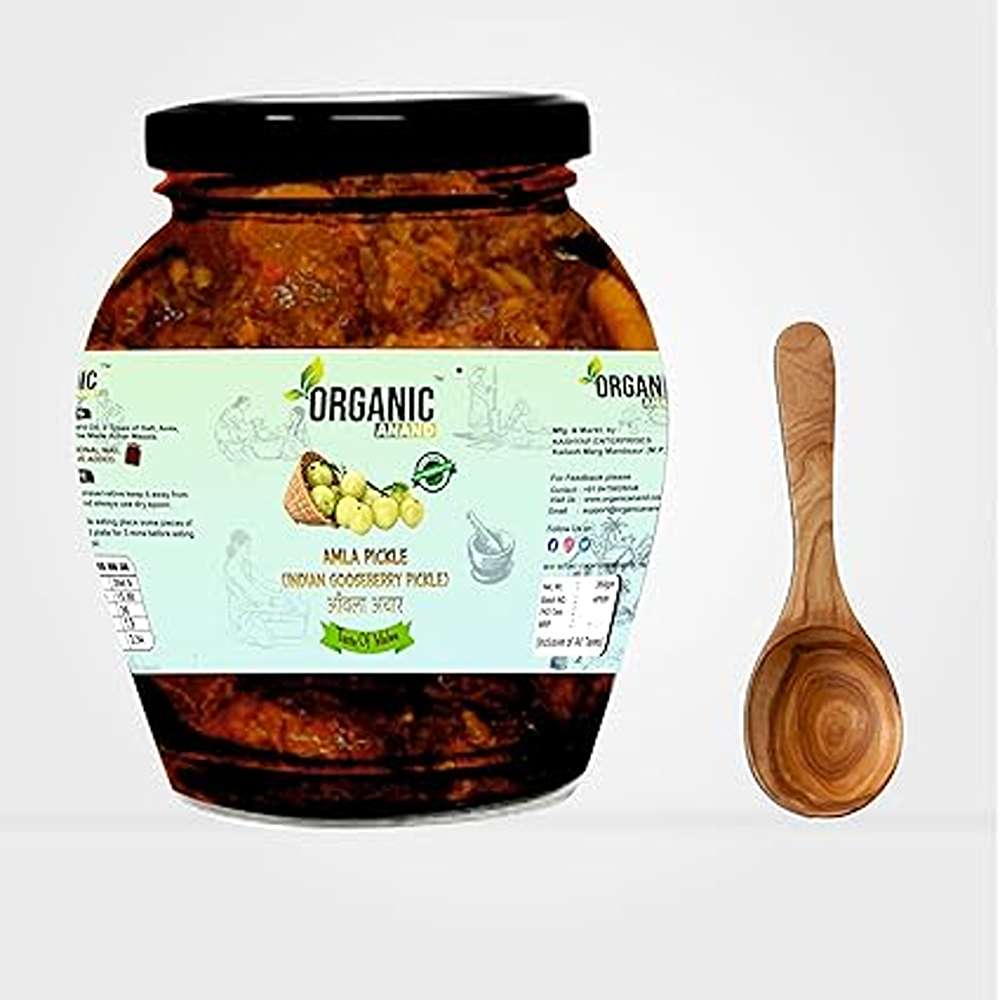 Organic Anand Homemade Amla Pickle 350gm Traditional Indian Gooseberry Ka Achaar with Neemwood Spoon Flavourful, Delicious Taste