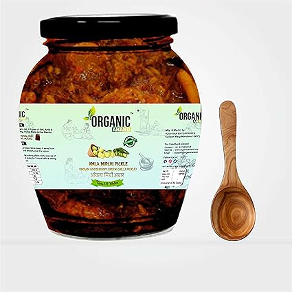 Organic Anand Pure & Natural Amla -Mirchi Pickle,Fresh Amla & Green Chilli,Homemade Hari mirch ka Aachar with Neemwood Spoon (350gm-Pack of 1)