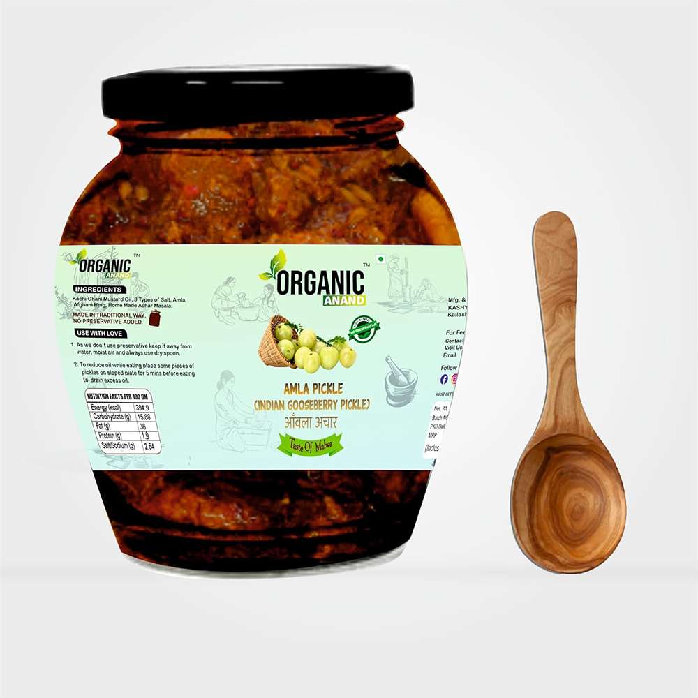 Organic Anand Homemade Amla Pickle 350gm Traditional Indian Gooseberry Ka Achaar with Neemwood Spoon Flavourful, Delicious Taste