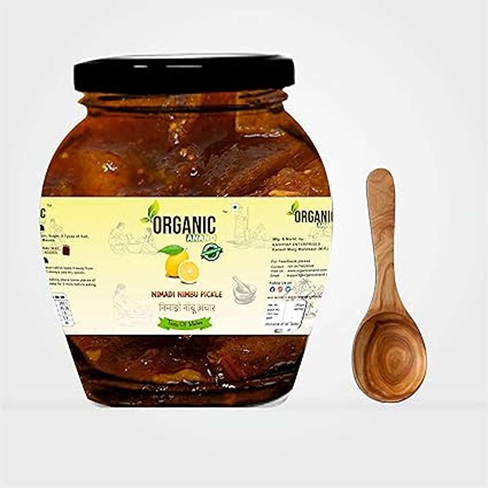 Organic Anand Homemade Nimadi Lemon Pickles 350gram | Khatta Mitha Nimbu ka Achaar with Neemwood Spoon | Flavourful, Delicious, Traditional Taste (Pack of 1)