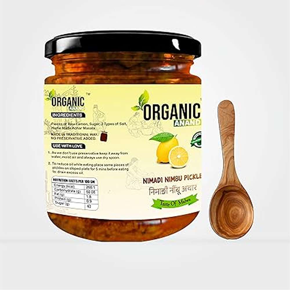 Organic Anand Homemade Nimadi Lemon Pickles 500gram | Khatta Mitha Nimbu ka Achaar with Neemwood Spoon | Flavourful, Delicious, Traditional Taste (Pack of 1)