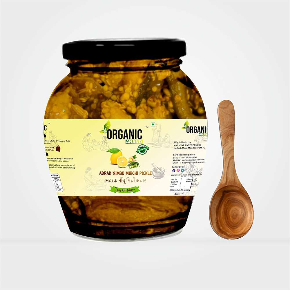 Organic Anand Homemade Ginger Lemon Green Chilli Mix Pickles 350gram Khatta Mix Ghar ka Achaar with Neemwood Spoon Flavourful, Delicious, Traditional Taste