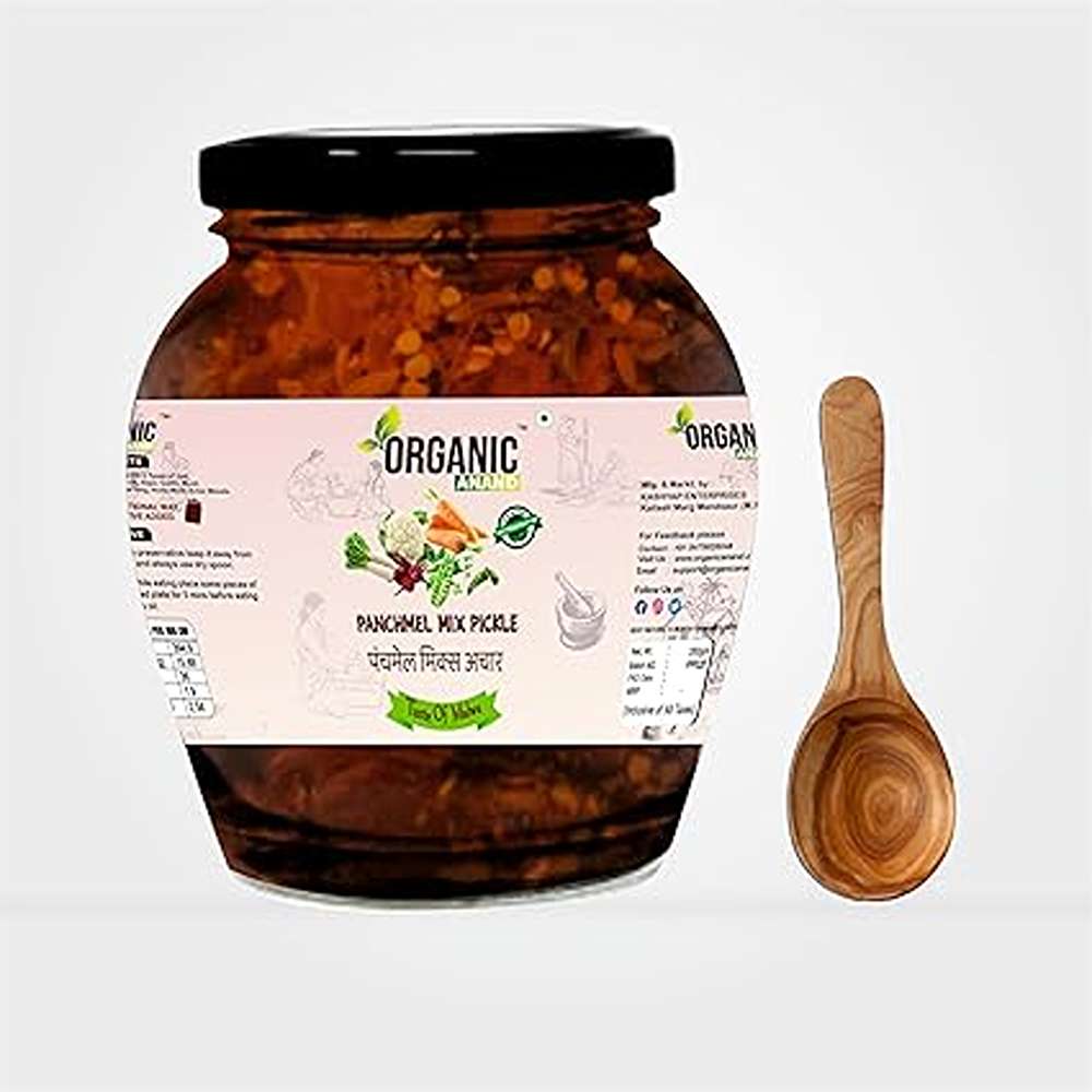 Organic Anand Natural Panchmel Pickle (Mixed Veg Aachar) Beetroot, Mooli, Matar Gajar, Gobhi, Shalgam ka Achar, Homemade Aachar with Neemwood Spoon (350gm, Pack of 1)