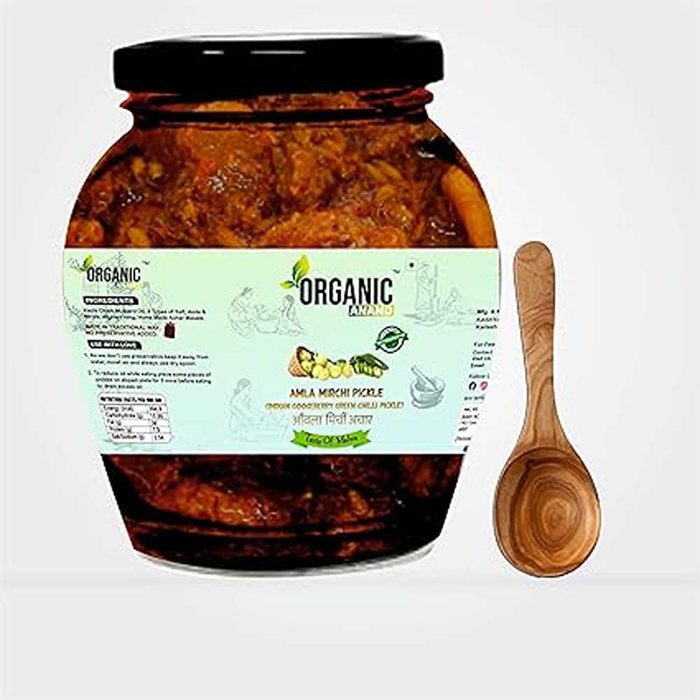 Organic Anand Pure & Natural Amla -Mirchi Pickle,Fresh Amla & Green Chilli,Homemade Hari mirch ka Aachar with Neemwood Spoon (350gm-Pack of 1)