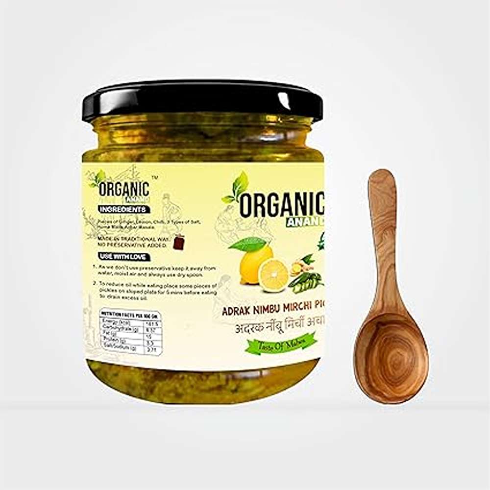 Organic Anand Homemade Ginger Lemon Green Chilli Mix Pickles 500gram Khatta Mix Ghar ka Achaar with Neemwood Spoon Flavourful, Delicious, Traditional Taste