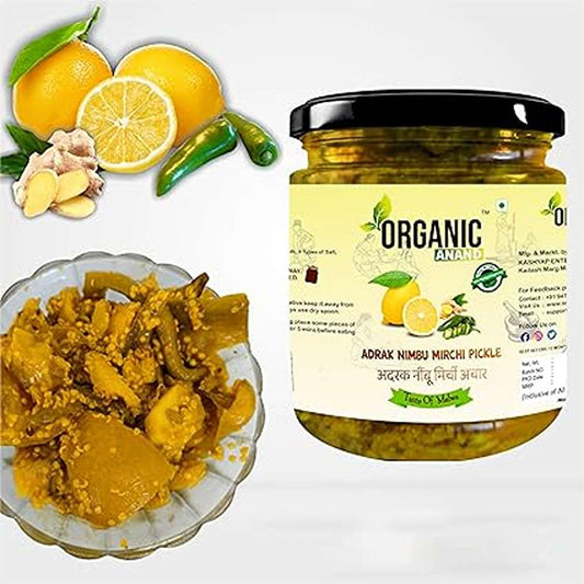 Organic Anand Homemade Ginger Lemon Green Chilli Mix Pickles 500gram Khatta Mix Ghar ka Achaar with Neemwood Spoon Flavourful, Delicious, Traditional Taste