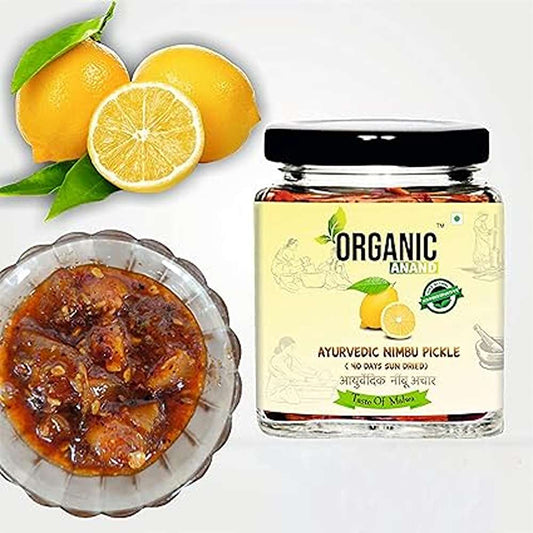 Organic Anand Homemade Ayurvedic Lemon Pickle (40 Days Sun Dried) 250gram | Nimbu ka Achaar with Neemwood Spoon | Flavourful, Delicious, Traditional Taste (Pack of 1)