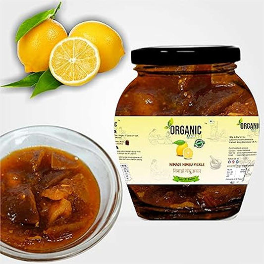 Organic Anand Homemade Nimadi Lemon Pickles 350gram | Khatta Mitha Nimbu ka Achaar with Neemwood Spoon | Flavourful, Delicious, Traditional Taste (Pack of 1)