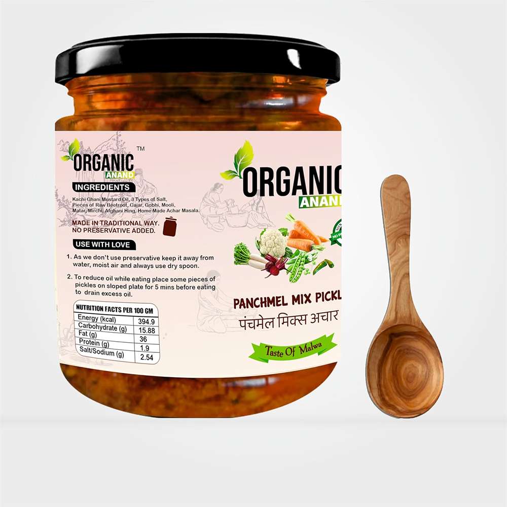 Organic Anand Natural Panchmel Pickle (Mixed Veg Aachar) Beetroot, Mooli, Matar Gajar, Gobhi, Shalgam ka Achar, Homemade Aachar with Neemwood Spoon (500gm, Pack of 1)