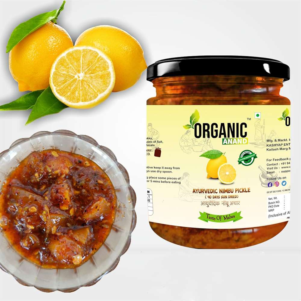 Organic Anand Homemade Ayurvedic Lemon Pickle (40 Days Sun Dried) 500gram | Nimbu ka Achaar with Neemwood Spoon | Flavourful, Delicious, Traditional Taste (Pack of 1)