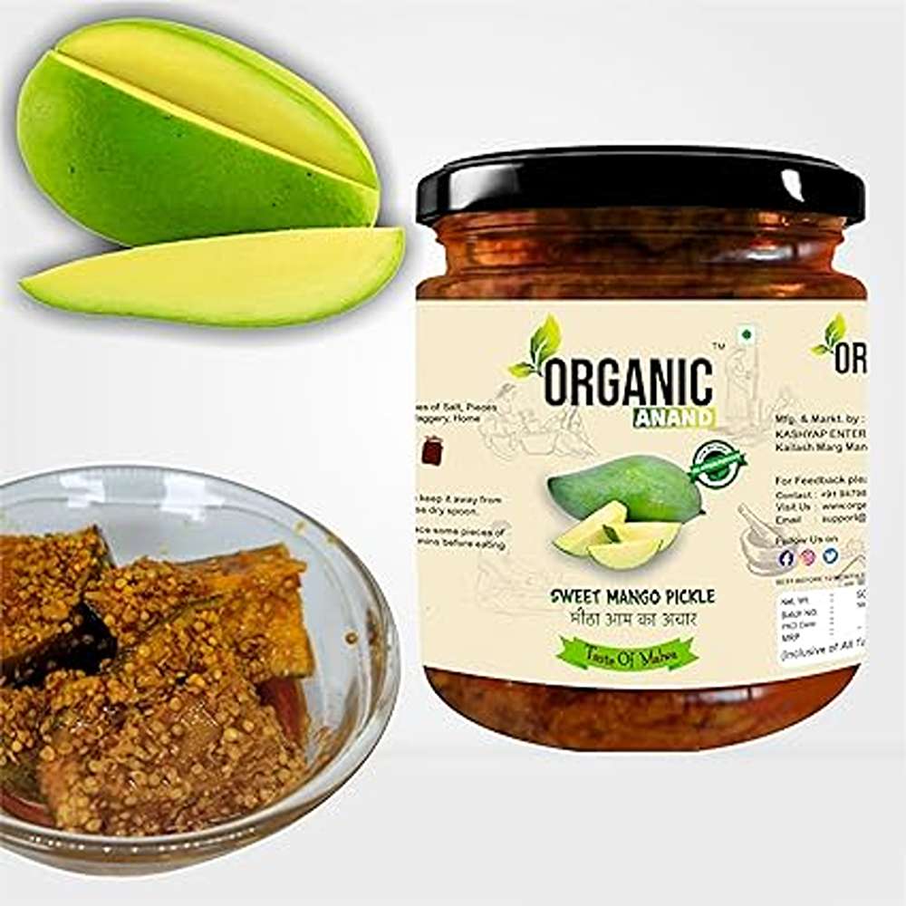 Organic Anand Pure & Natural Less Sweet Mango Pickle (Mitha Aam ka achar) Jaggery Mango Pickle,Homemade Mango Achar with Neemwood Spoon(250gm-Pack of 1) No Artificial Preservatives & Colors