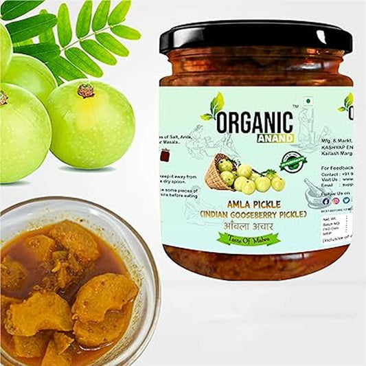 Organic Anand Homemade Amla Pickle 500gm Traditional Indian Gooseberry Ka Achaar with Neemwood Spoon Flavourful, Delicious Taste