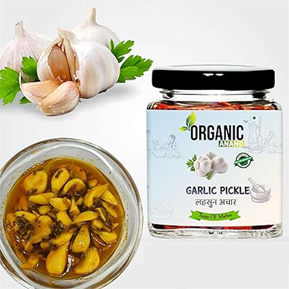 Organic Anand Homemade Garlic Pickle 250gm Lahsoon/Lassan/Lahsun Ka Achaar with Neemwood Spoon, Flavourful, Delicious, Traditional Taste (Pack of 1)