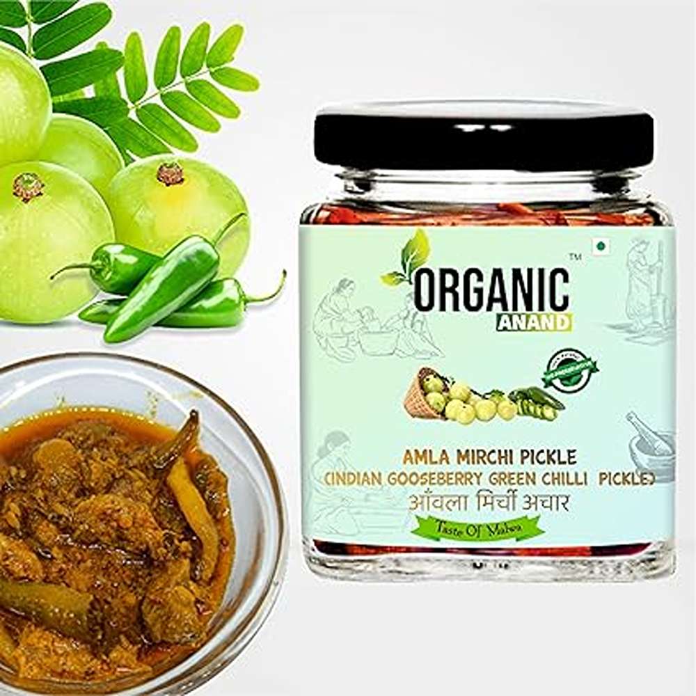 Organic Anand Pure & Natural Amla -Mirchi Pickle,Fresh Amla & Green Chilli,Homemade Hari mirch ka Aachar with Neemwood Spoon (250gm-Pack of 1)