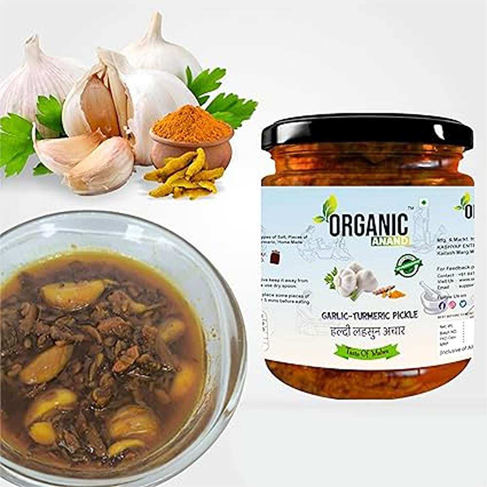 Organic Anand Homemade Garlic Turmeric Pickle 500 gm Kachi Haldi and Lahsoon/Lassan/Lahsun Ka Achaar with Neemwood Spoon Flavourful, Delicious, Traditional Taste (Pack of 1)