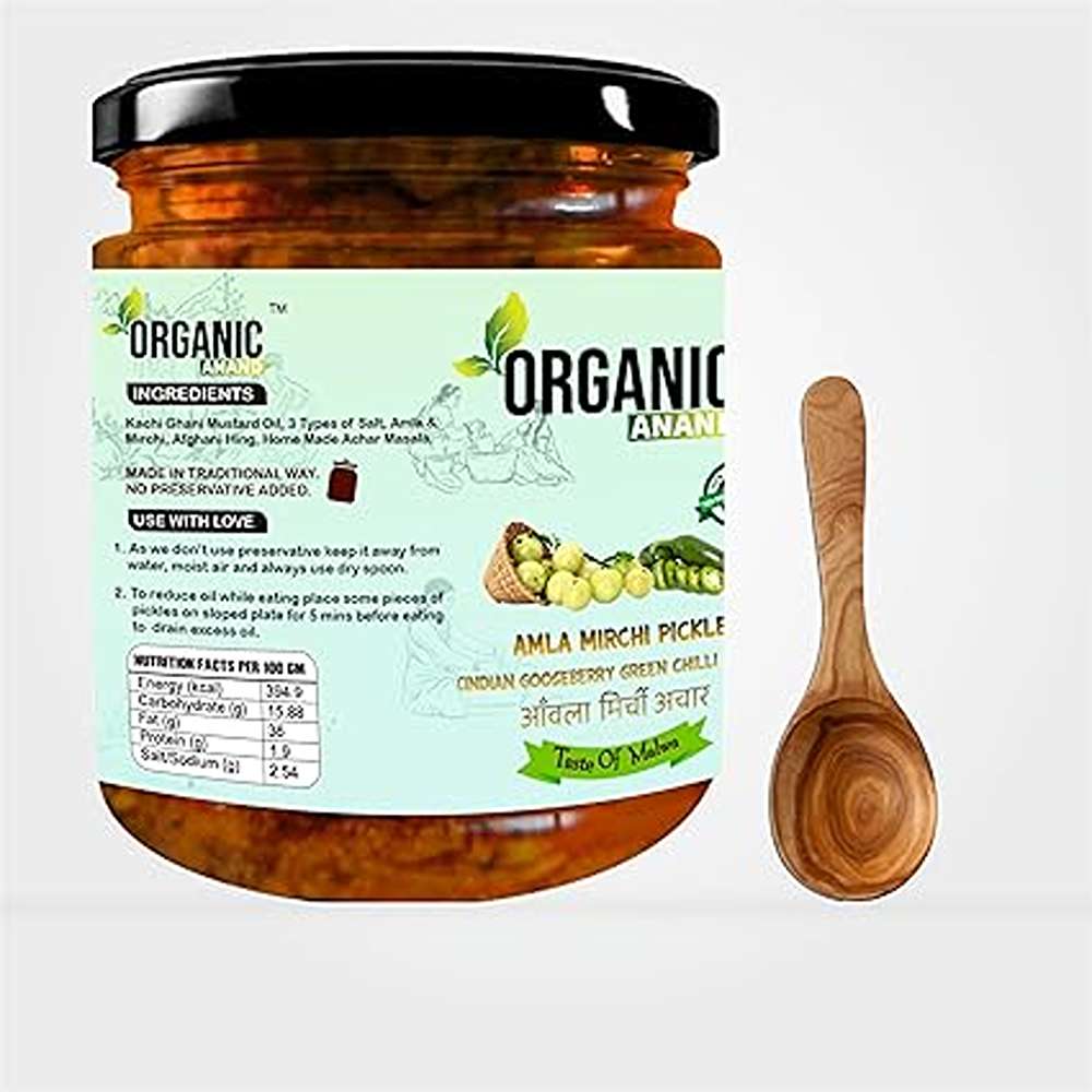 Organic Anand Pure & Natural Amla -Mirchi Pickle,Fresh Amla & Green Chilli,Homemade Hari mirch ka Aachar with Neemwood Spoon (500gm-Pack of 1)