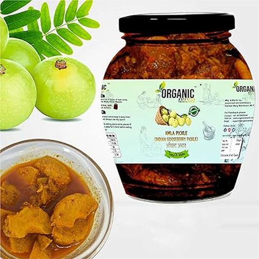 Organic Anand Homemade Amla Pickle 350gm Traditional Indian Gooseberry Ka Achaar with Neemwood Spoon Flavourful, Delicious Taste