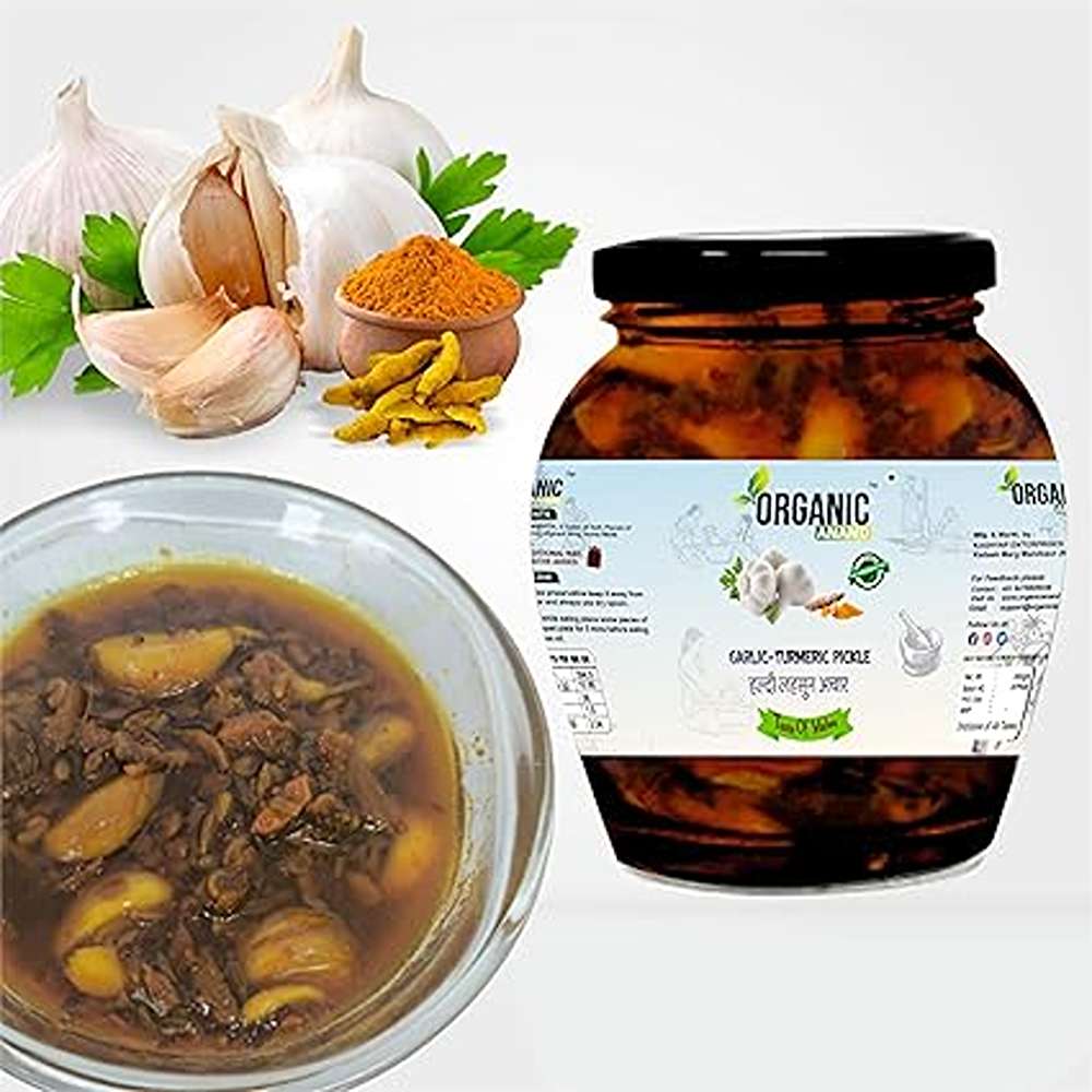 Organic Anand Homemade Garlic Turmeric Pickle 350 gm Kachi Haldi and Lahsoon/Lassan/Lahsun Ka Achaar with Neemwood Spoon Flavourful, Delicious, Traditional Taste (Pack of 1)