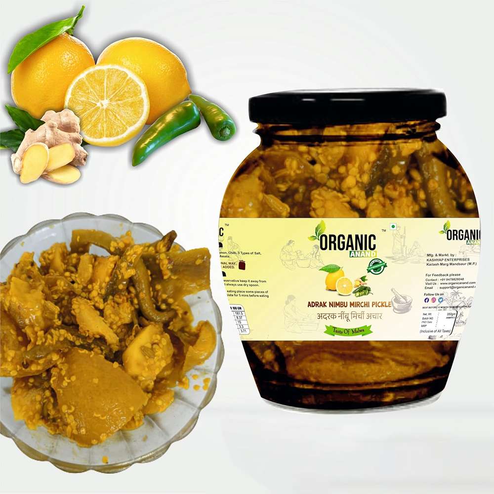 Organic Anand Homemade Ginger Lemon Green Chilli Mix Pickles 350gram Khatta Mix Ghar ka Achaar with Neemwood Spoon Flavourful, Delicious, Traditional Taste