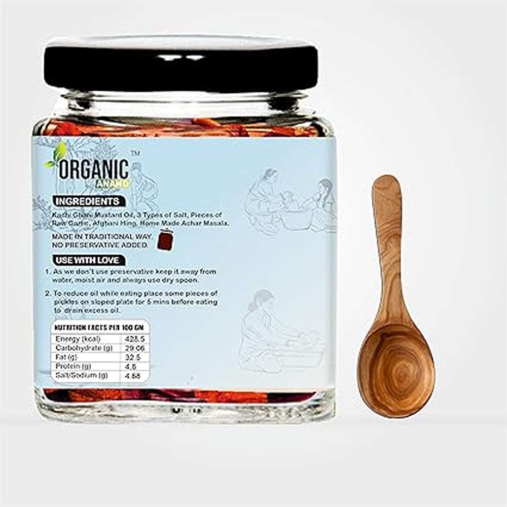 Organic Anand Homemade Garlic Pickle 250gm Lahsoon/Lassan/Lahsun Ka Achaar with Neemwood Spoon, Flavourful, Delicious, Traditional Taste (Pack of 1)