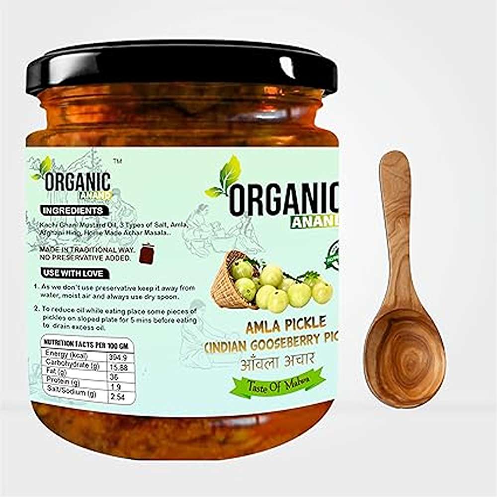 Organic Anand Homemade Amla Pickle 500gm Traditional Indian Gooseberry Ka Achaar with Neemwood Spoon Flavourful, Delicious Taste