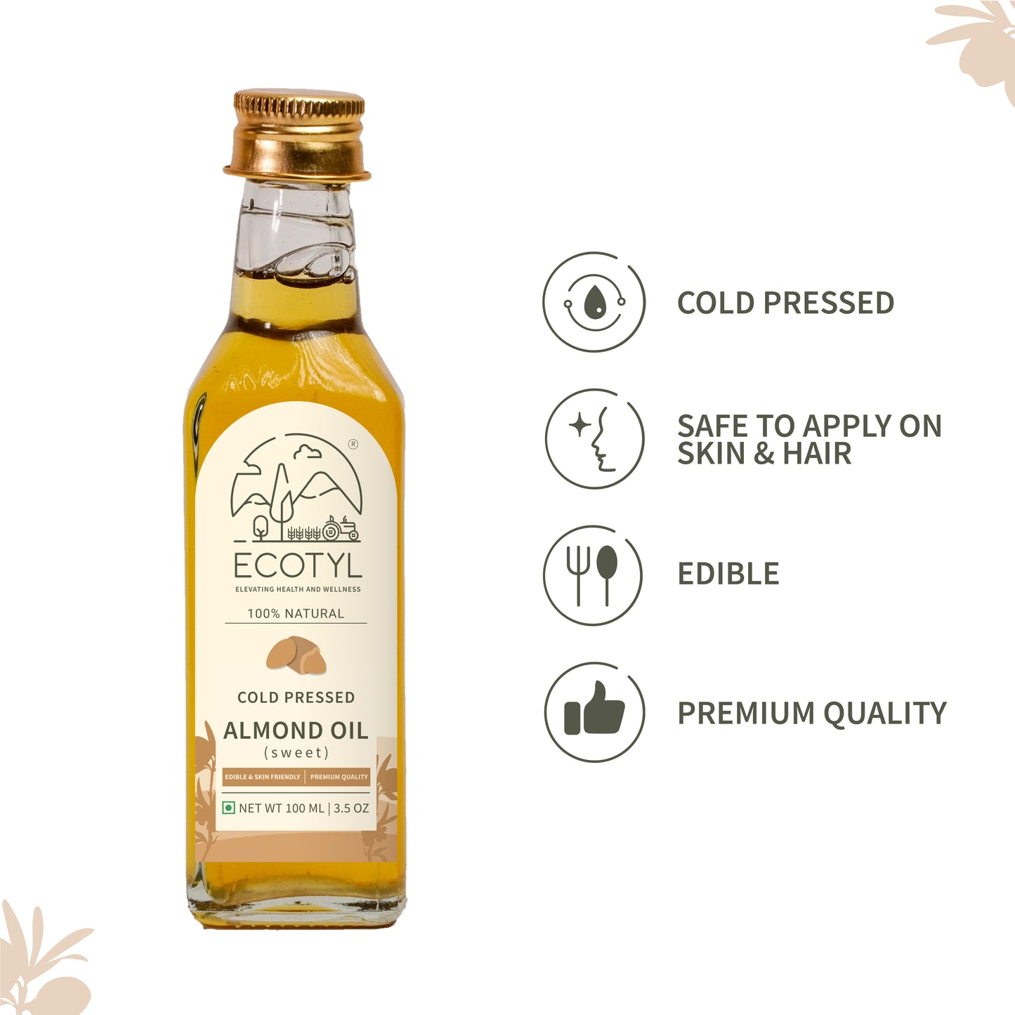 Ecotyl Cold Pressed Almond Oil - Sweet | For Haircare & Skincare | 100ml