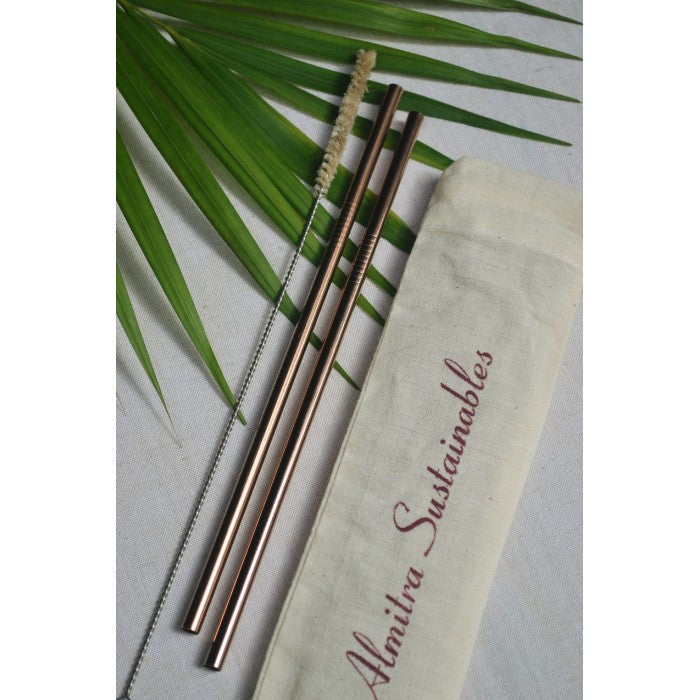 Almitra Sustainables Reusable Copper Straw (Straight) Pack of 2 with Cleaner