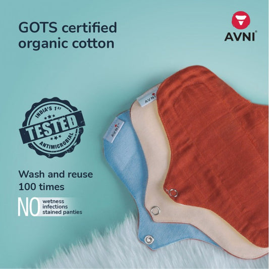 Avni Lush Certified 100% Organic Cotton Washable Panty Liner (240MM, Pack of 4) | Antimicrobial | With Storage pouch | Everyday use