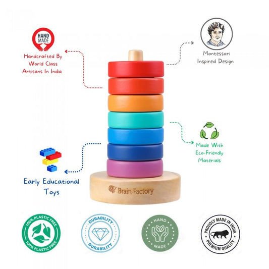 Brain Factory Wooden Rainbow Stacking Toy For Kids 12 Months and Up