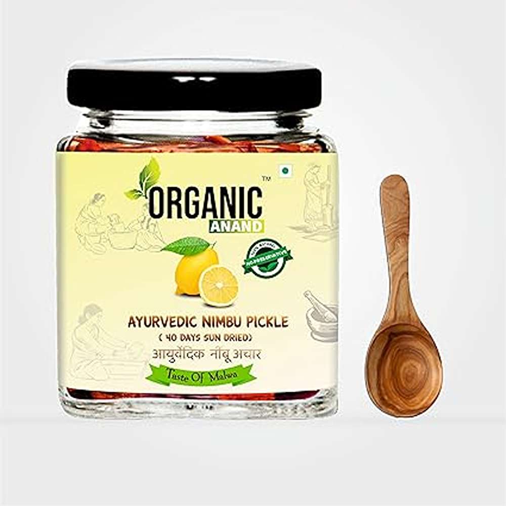 Organic Anand Homemade Ayurvedic Lemon Pickle (40 Days Sun Dried) 250gram | Nimbu ka Achaar with Neemwood Spoon | Flavourful, Delicious, Traditional Taste (Pack of 1)