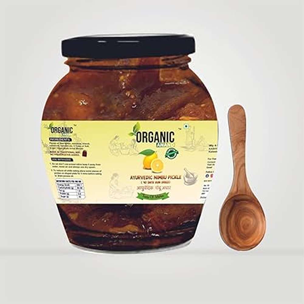 Organic Anand Homemade Ayurvedic Lemon Pickle (40 Days Sun Dried) 350gram | Nimbu ka Achaar with Neemwood Spoon | Flavourful, Delicious, Traditional Taste (Pack of 1)