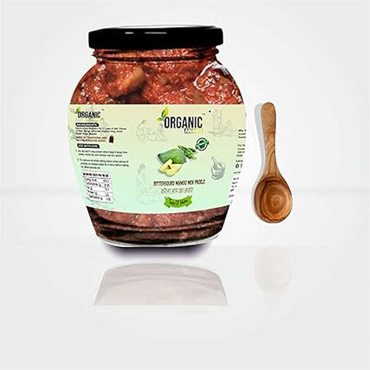 Organic Anand Homemade Bittergourd Mango Mix Pickles 350gram Karela Aam ka Achar with Neemwood Spoon, Flavourful, Delicious, Traditional Taste (Pack of 1)