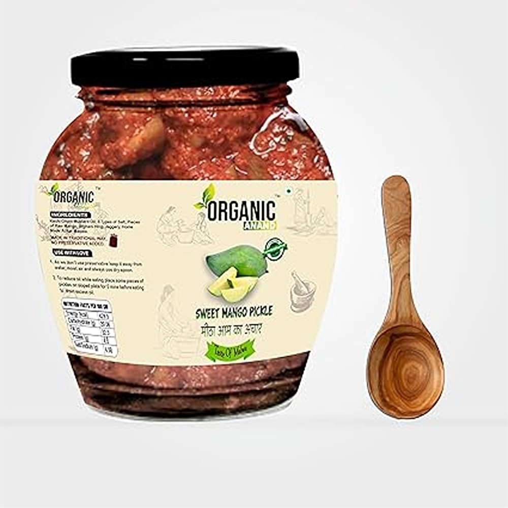 Organic Anand Pure & Natural Less Sweet Mango Pickle (Mitha Aam ka achar) Jaggery Mango Pickle,Homemade Aachar with Neemwood Spoon (350gm-Pack of 1)