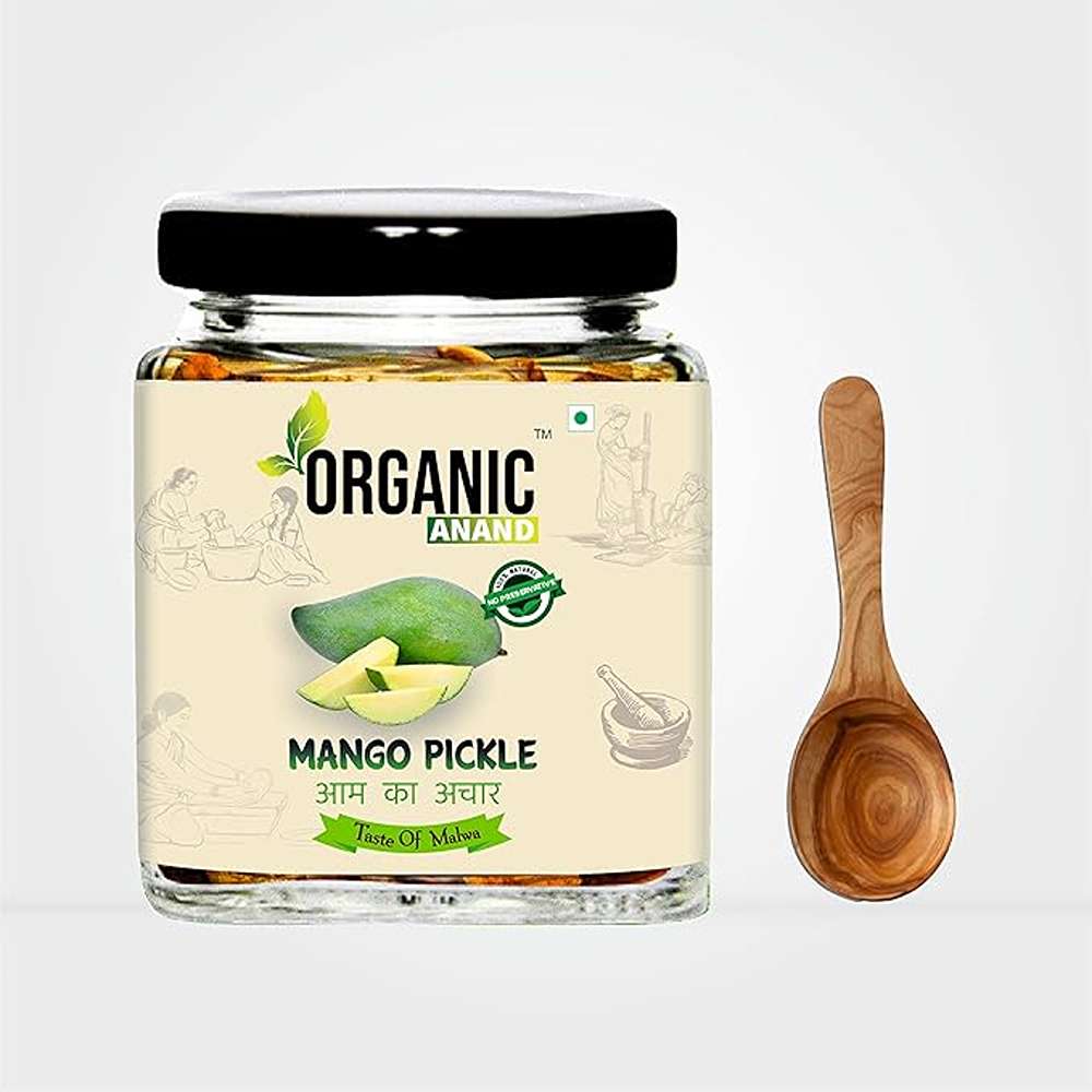 Organic Anand Homemade Mango Pickles 250gram | Khatta Aam ka Achar with Neemwood Spoon | Less Oil, Flavourful, Delicious, Traditional Taste (Pack of 1)