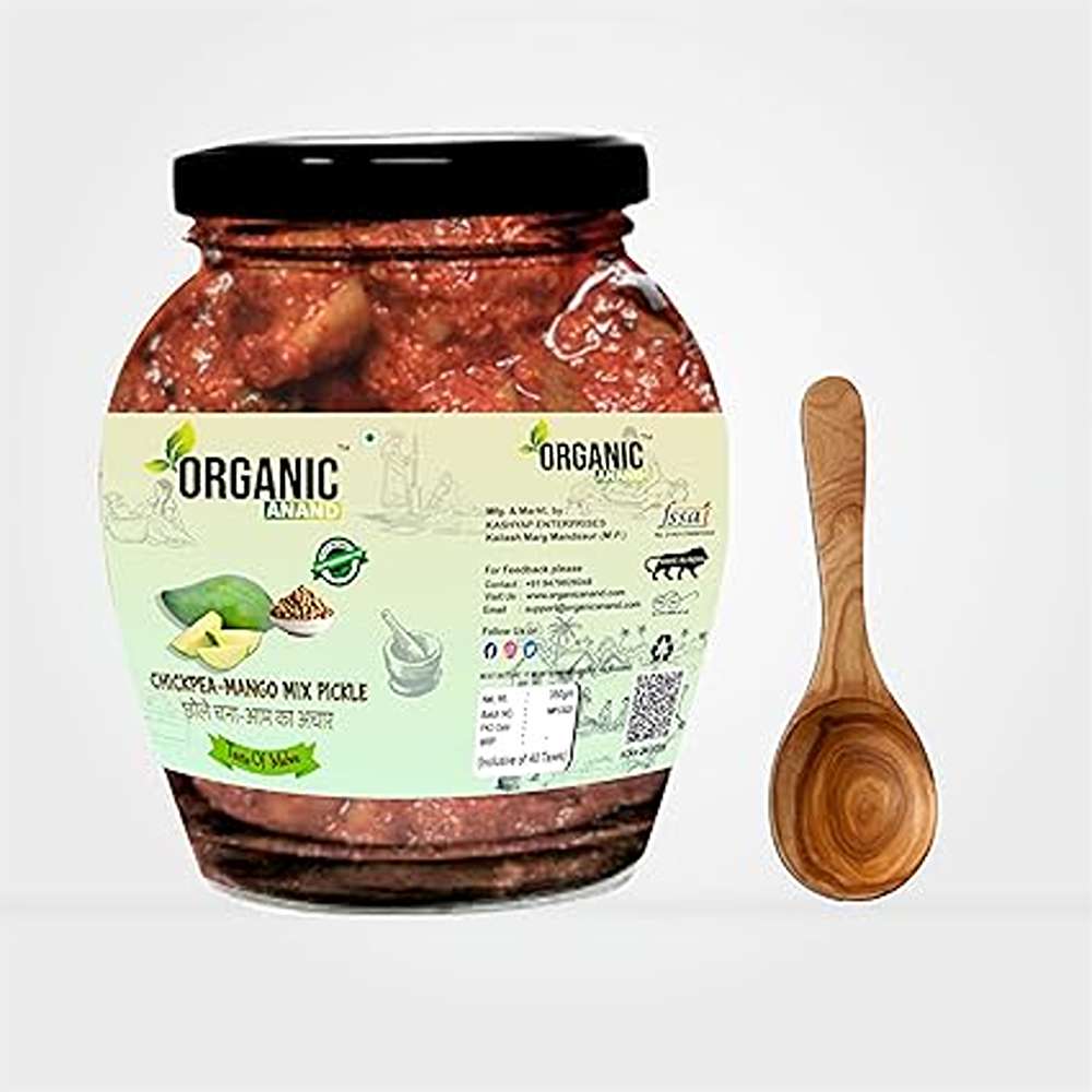 Organic Anand Homemade Chickpea Mango Mix Pickles 350gram Traditional Chana/Chhole Aam ka Achar with Neemwood Spoon Flavourful Delicious Tastemwood Spoon (350gm-Pack of 1