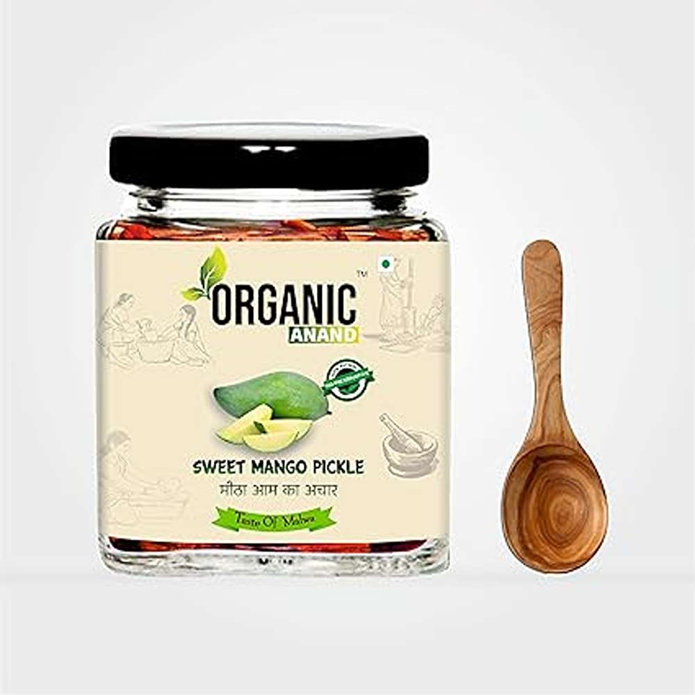 Organic Anand Pure & Natural Less Sweet Mango Pickle (Mitha Aam ka achar) Jaggery Mango Pickle,Homemade Mango Achar with Neemwood Spoon(250gm-Pack of 1) No Artificial Preservatives & Colors