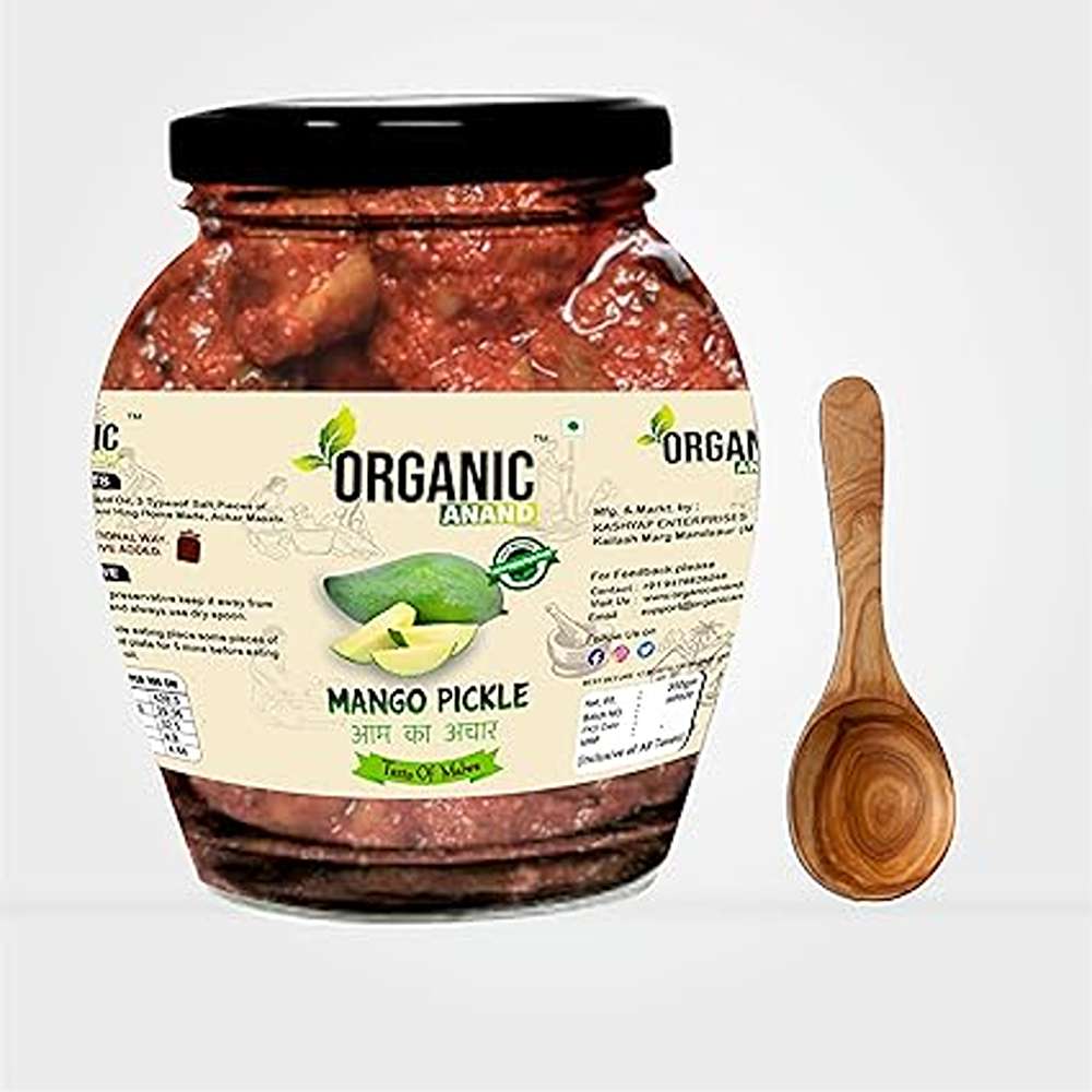 Organic Anand Homemade Mango Pickles 350gram | Khatta Aam ka Achar with Neemwood Spoon | Less Oil, Flavourful, Delicious, Traditional Taste (Pack of 1)