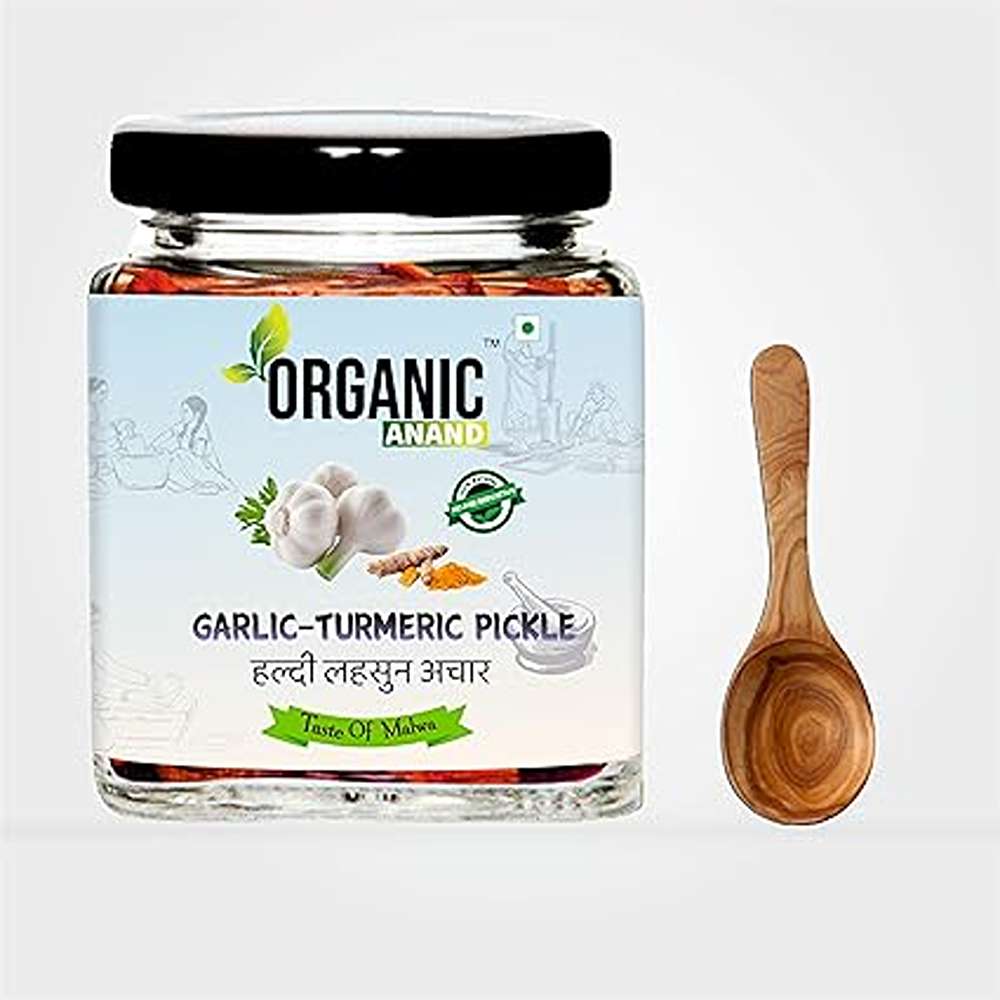 Organic Anand Homemade Garlic Turmeric Pickle 250 gm Kachi Haldi and Lahsoon/Lassan/Lahsun Ka Achaar with Neemwood Spoon Flavourful, Delicious, Traditional Taste (Pack of 1)