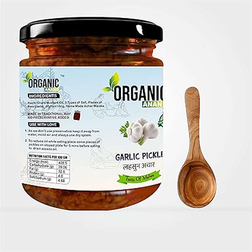 Organic Anand Homemade Garlic Pickle 500gm Lahsoon/Lassan/Lahsun Ka Achaar with Neemwood Spoon, Flavourful, Delicious, Traditional Taste (Pack of 1)