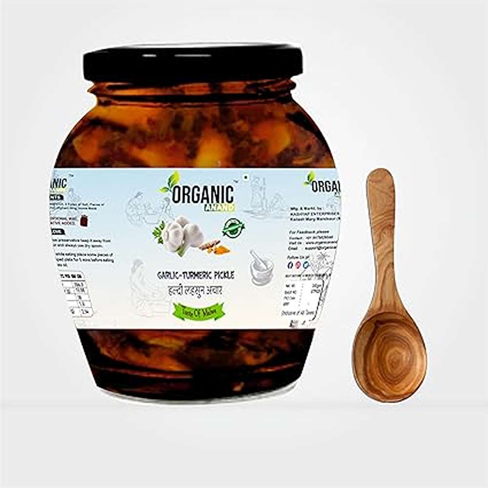 Organic Anand Homemade Garlic Turmeric Pickle 350 gm Kachi Haldi and Lahsoon/Lassan/Lahsun Ka Achaar with Neemwood Spoon Flavourful, Delicious, Traditional Taste (Pack of 1)