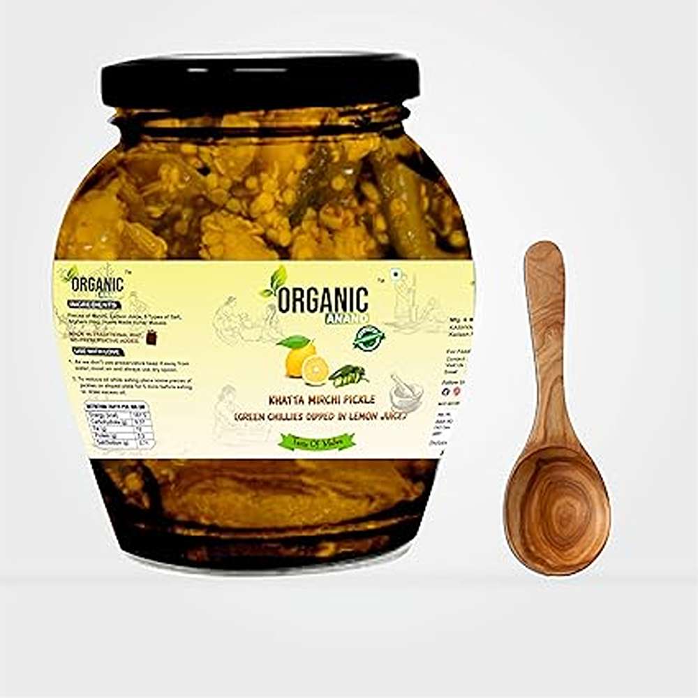 Organic Anand Homemade Natural Green Chilli Pickle 350 Gram Hari Mirchi Ka Achar Dipped in Lemon Juice Khatta Spicy No Preservative