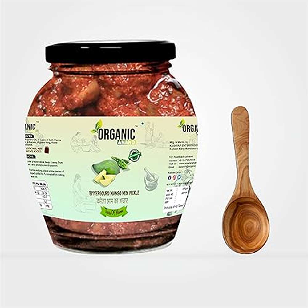 Organic Anand Homemade Bittergourd Mango Mix Pickles 350gram Karela Aam ka Achar with Neemwood Spoon, Flavourful, Delicious, Traditional Taste (Pack of 1)