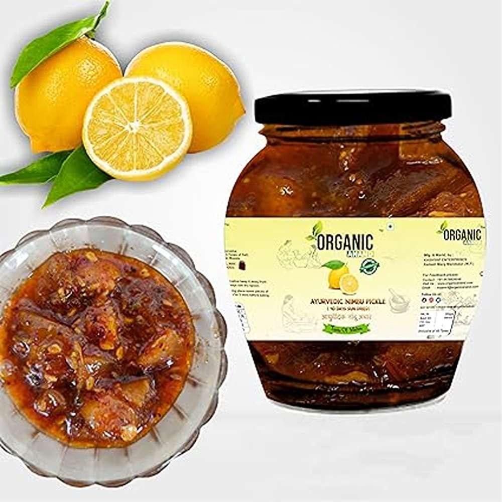 Organic Anand Homemade Ayurvedic Lemon Pickle (40 Days Sun Dried) 350gram | Nimbu ka Achaar with Neemwood Spoon | Flavourful, Delicious, Traditional Taste (Pack of 1)