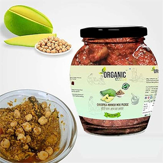 Organic Anand Homemade Chickpea Mango Mix Pickles 350gram Traditional Chana/Chhole Aam ka Achar with Neemwood Spoon Flavourful Delicious Tastemwood Spoon (350gm-Pack of 1