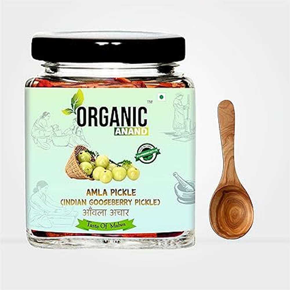 Organic Anand Homemade Amla Pickle 250gm Traditional Indian Gooseberry Ka Achaar with Neemwood Spoon Flavourful, Delicious Taste