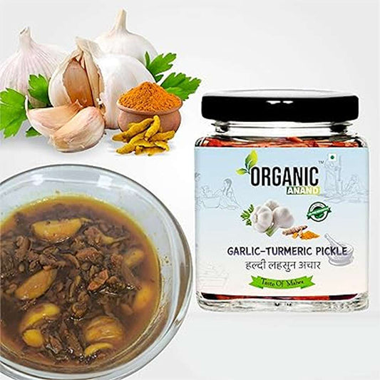 Organic Anand Homemade Garlic Turmeric Pickle 250 gm Kachi Haldi and Lahsoon/Lassan/Lahsun Ka Achaar with Neemwood Spoon Flavourful, Delicious, Traditional Taste (Pack of 1)