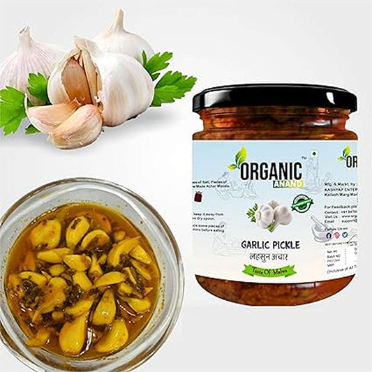 Organic Anand Homemade Garlic Pickle 500gm Lahsoon/Lassan/Lahsun Ka Achaar with Neemwood Spoon, Flavourful, Delicious, Traditional Taste (Pack of 1)