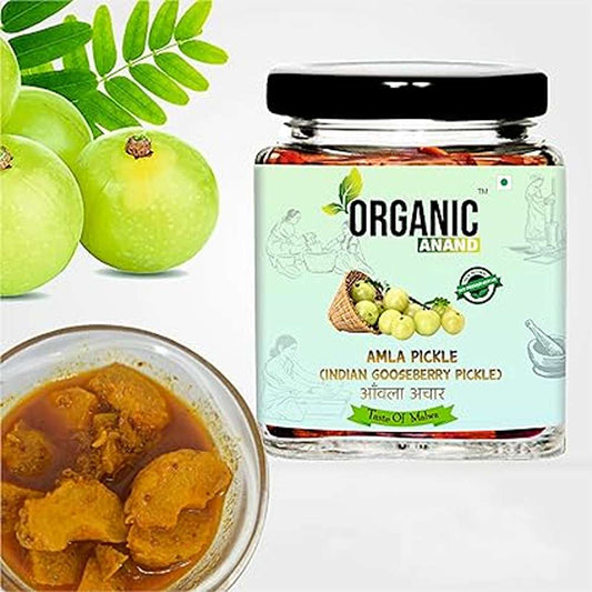 Organic Anand Homemade Amla Pickle 250gm Traditional Indian Gooseberry Ka Achaar with Neemwood Spoon Flavourful, Delicious Taste