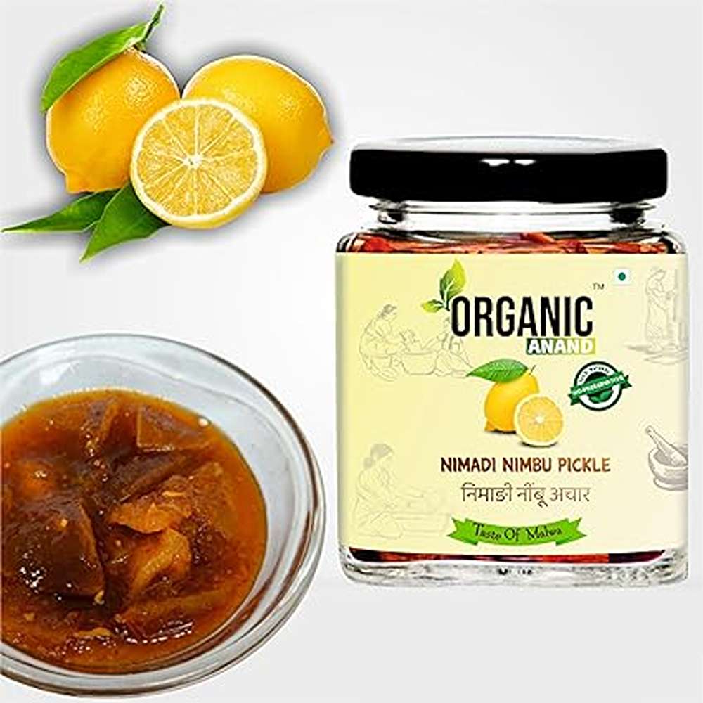 Organic Anand Homemade Nimadi Lemon Pickles 250gram | Khatta Mitha Nimbu ka Achaar with Neemwood Spoon | Flavourful, Delicious, Traditional Taste (Pack of 1)