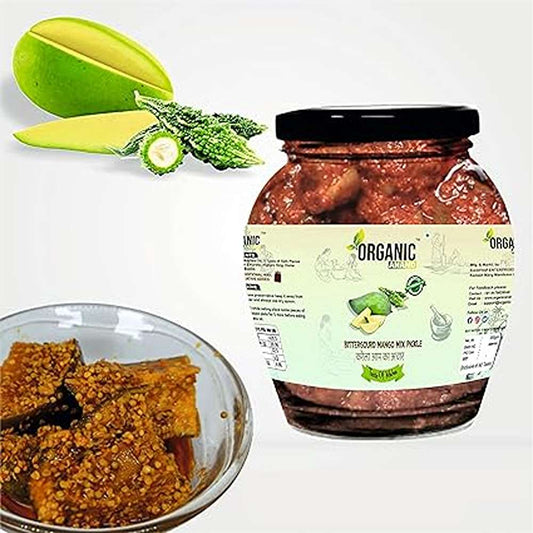 Organic Anand Homemade Bittergourd Mango Mix Pickles 350gram Karela Aam ka Achar with Neemwood Spoon, Flavourful, Delicious, Traditional Taste (Pack of 1)